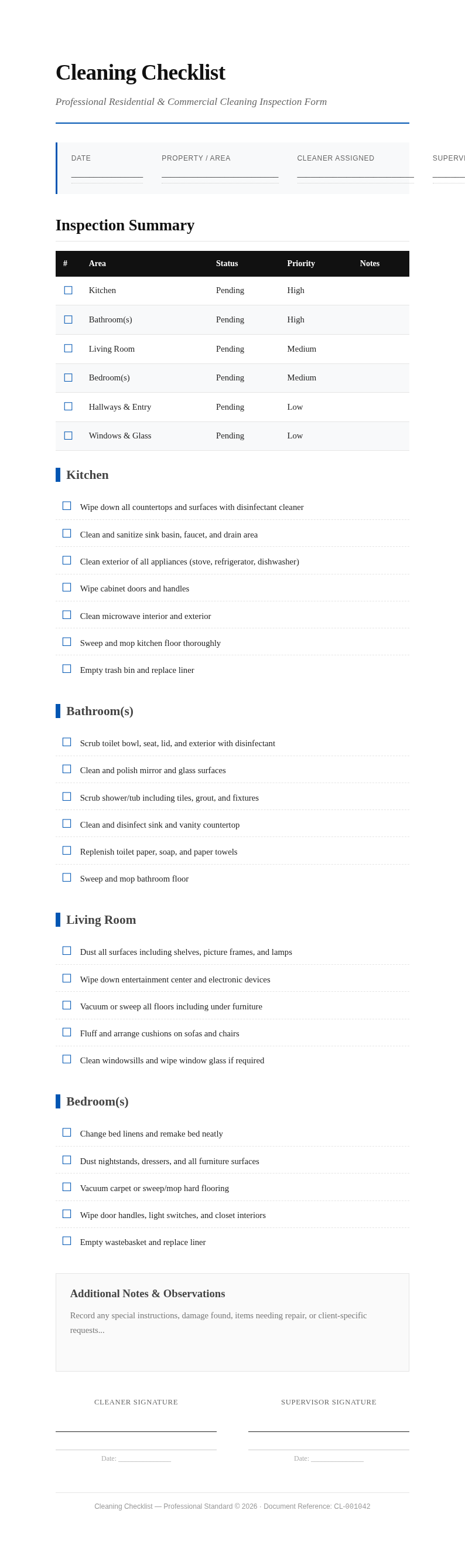 Classic professional cleaning checklist